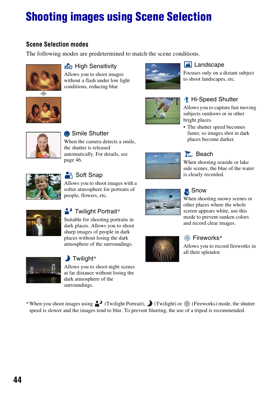 Shooting images using scene selection | Sony DSC-T200 User Manual | Page 44 / 131