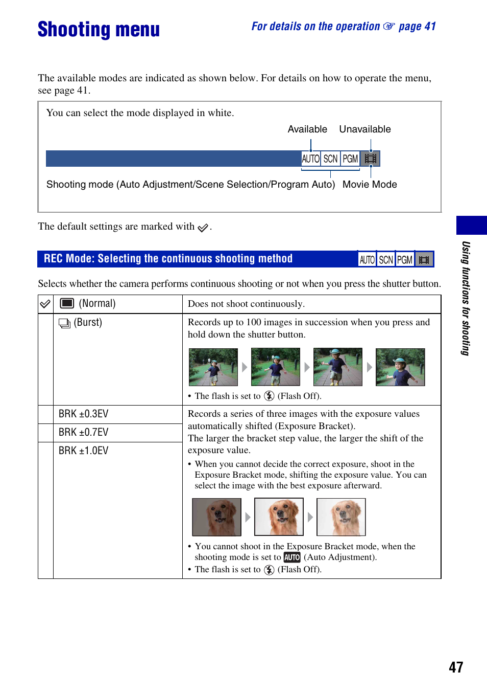 Shooting menu, Rec mode: selecting the continuous shooting method | Sony DSC-T200 User Manual | Page 47 / 131