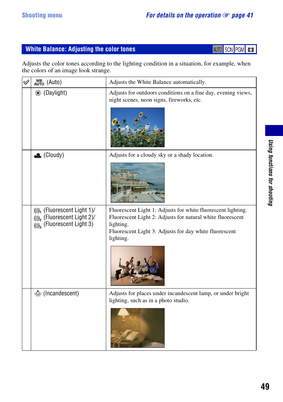 White balance: adjusting the color tones | Sony DSC-T200 User Manual | Page 49 / 131
