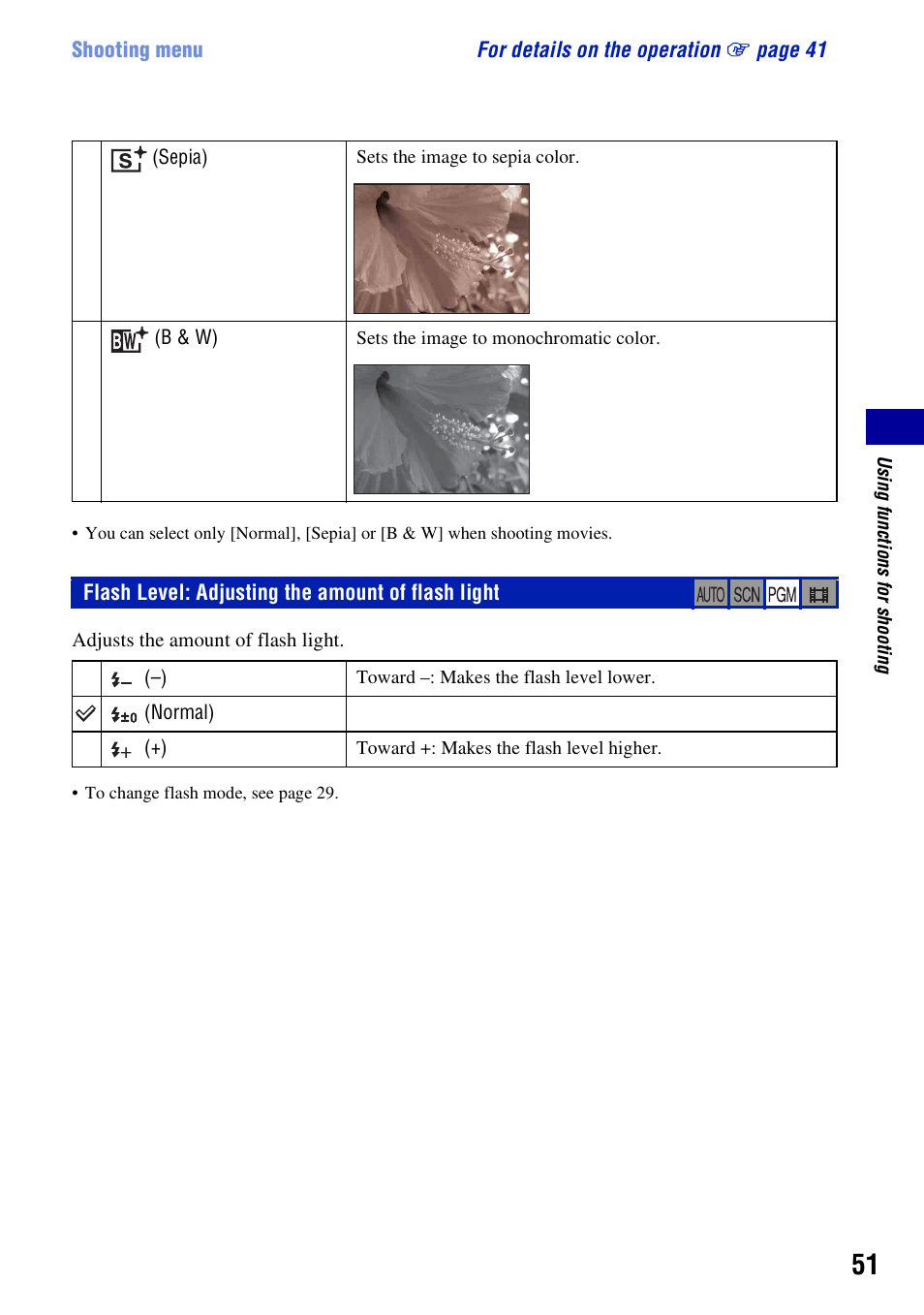 Flash level: adjusting the amount of flash light, L (51) | Sony DSC-T200 User Manual | Page 51 / 131