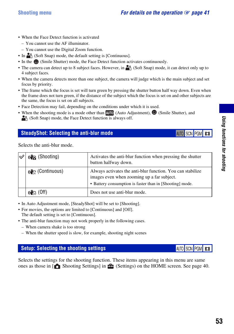 Steadyshot: selecting the anti-blur mode, Setup: selecting the shooting settings, Hot (53) | Sony DSC-T200 User Manual | Page 53 / 131