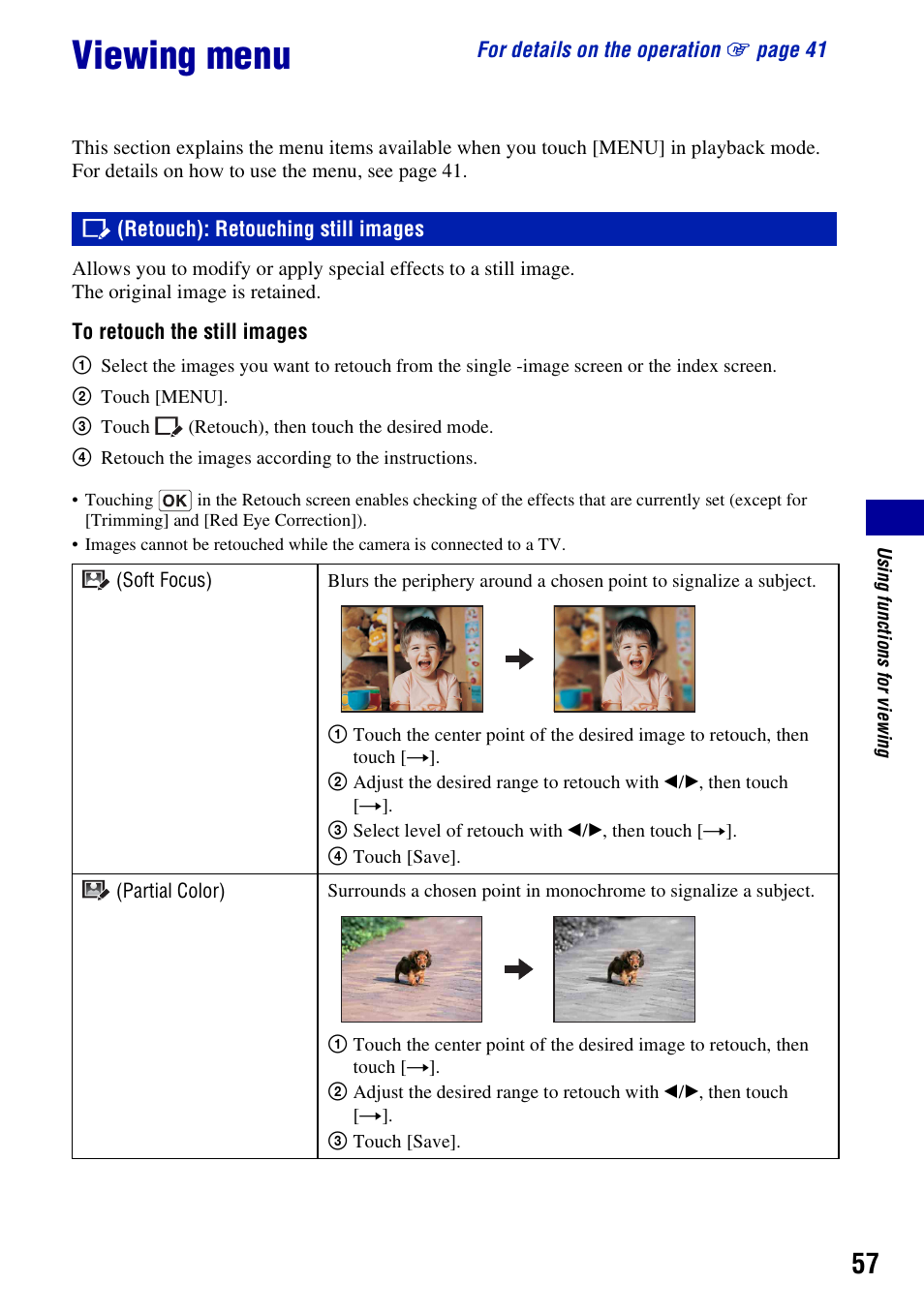 Viewing menu, Retouch: retouching still images, Retouch): retouching still images | Sony DSC-T200 User Manual | Page 57 / 131