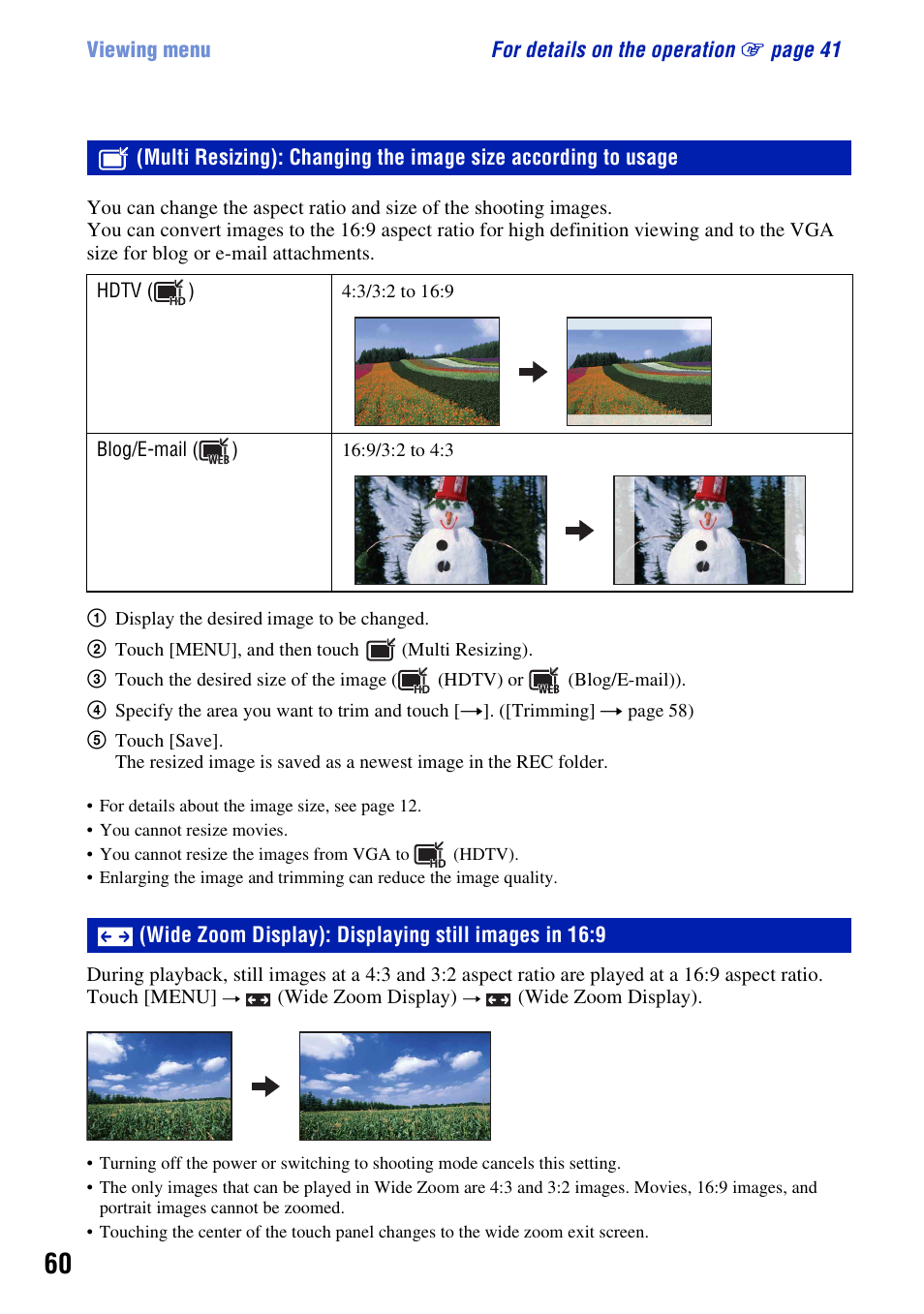 Wide zoom display: displaying still images in 16:9 | Sony DSC-T200 User Manual | Page 60 / 131