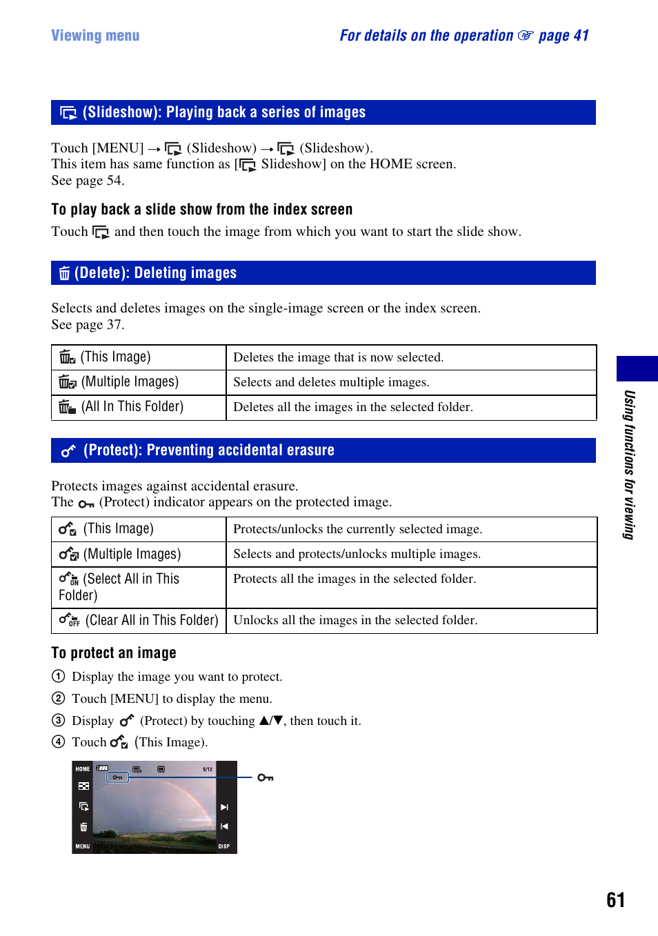Slideshow: playing back a series of images, Delete: deleting images, Protect: preventing accidental erasure | Slideshow): playing back a series of images, Delete): deleting images, Protect): preventing accidental erasure, T (61) | Sony DSC-T200 User Manual | Page 61 / 131