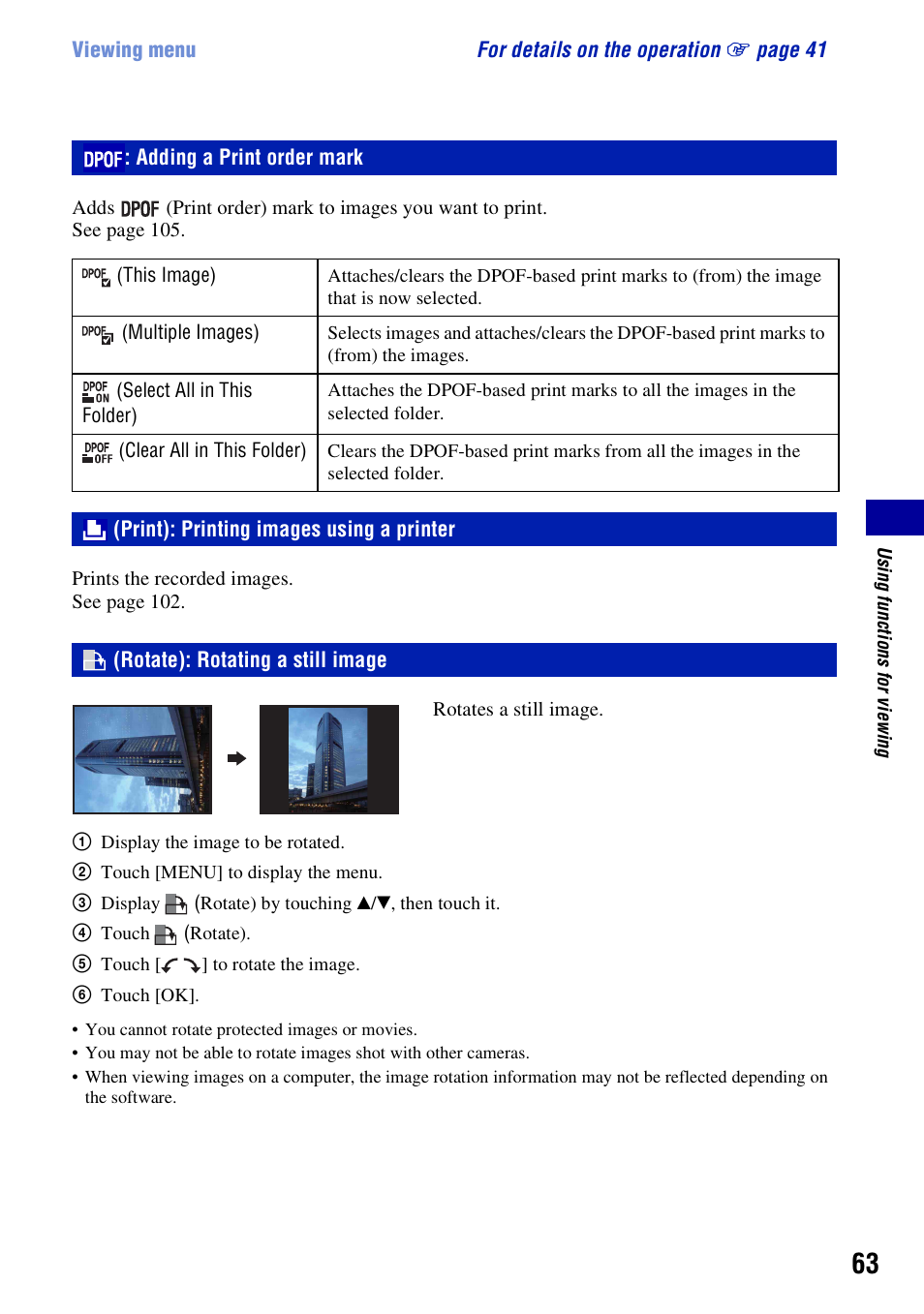 Dpof: adding a print order mark, Print: printing images using a printer, Rotate: rotating a still image | Adding a print order mark, Print): printing images using a printer, Rotate): rotating a still image | Sony DSC-T200 User Manual | Page 63 / 131