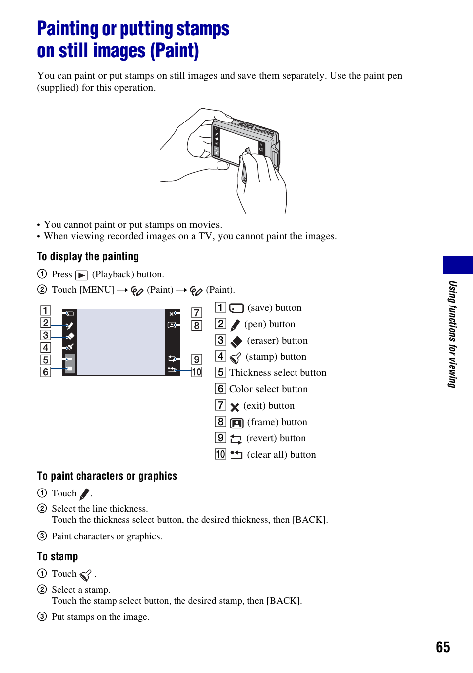 Painting or putting stampson still images (paint), Painting or putting stamps on still images (paint) | Sony DSC-T200 User Manual | Page 65 / 131