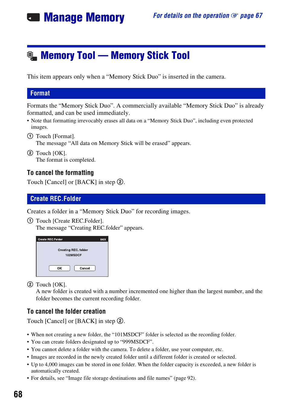 Manage memory, Memory tool - memory stick tool, Format | Create rec.folder, Memory tool — memory stick tool, Format create rec.folder | Sony DSC-T200 User Manual | Page 68 / 131