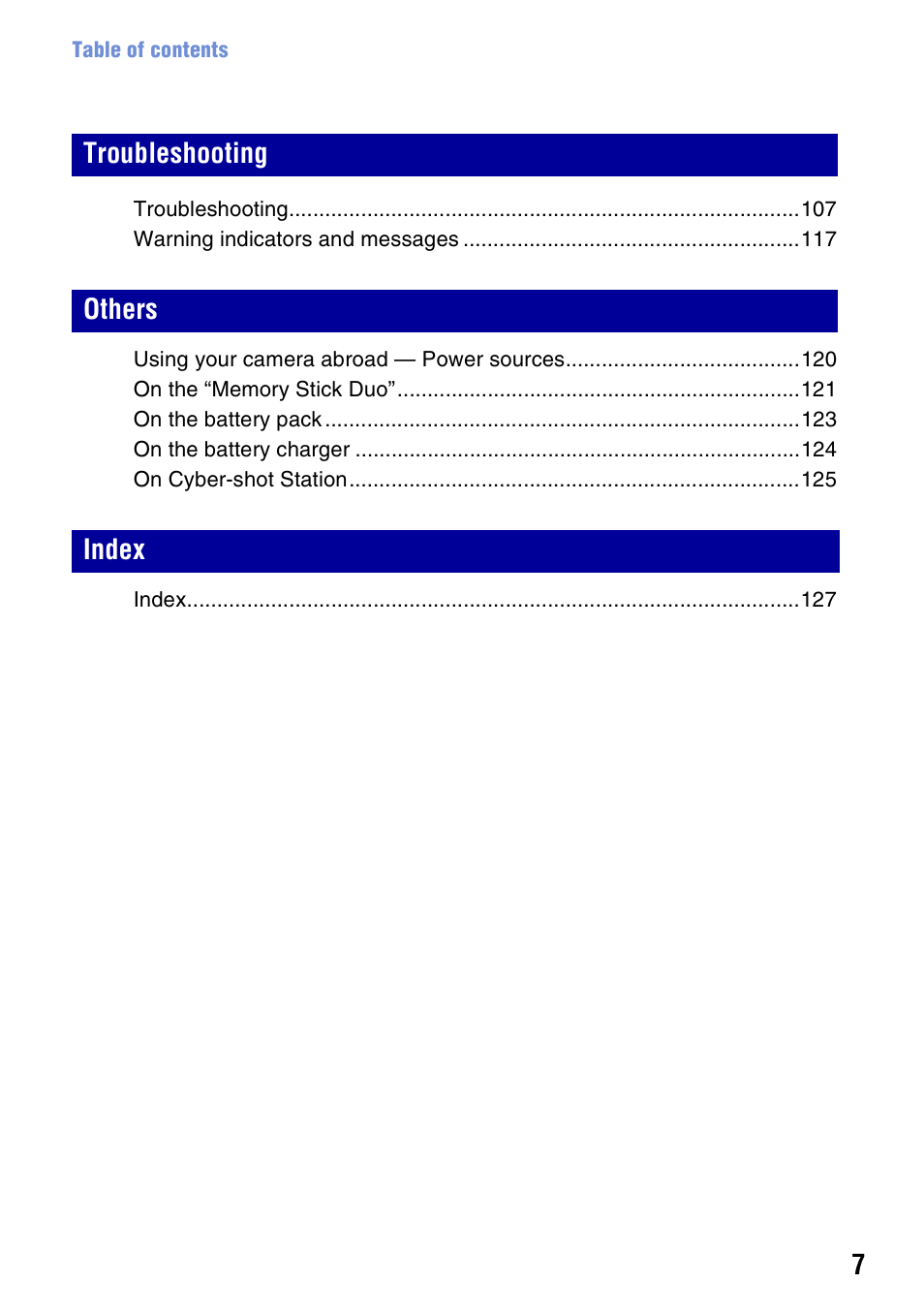 Troubleshooting others index | Sony DSC-T200 User Manual | Page 7 / 131