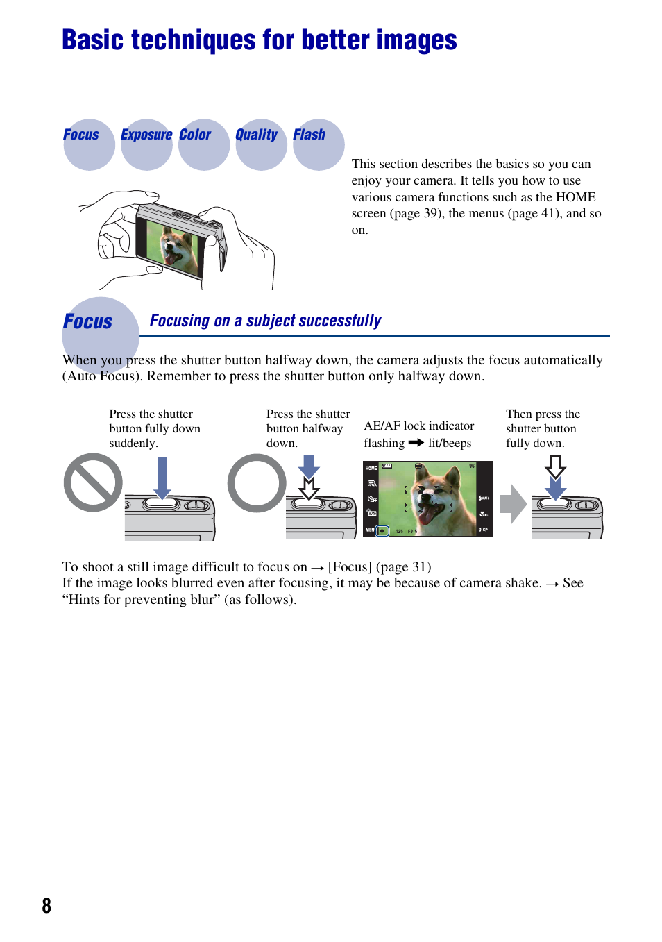 Basic techniques for better images, Focus - focusing on a subject successfully, Focus | Focusing on a subject successfully | Sony DSC-T200 User Manual | Page 8 / 131