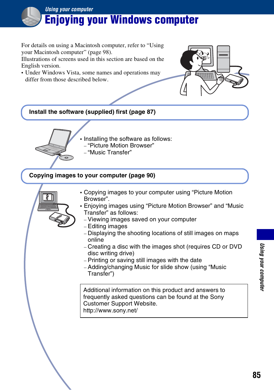 Using your computer, Enjoying your windows computer | Sony DSC-T200 User Manual | Page 85 / 131