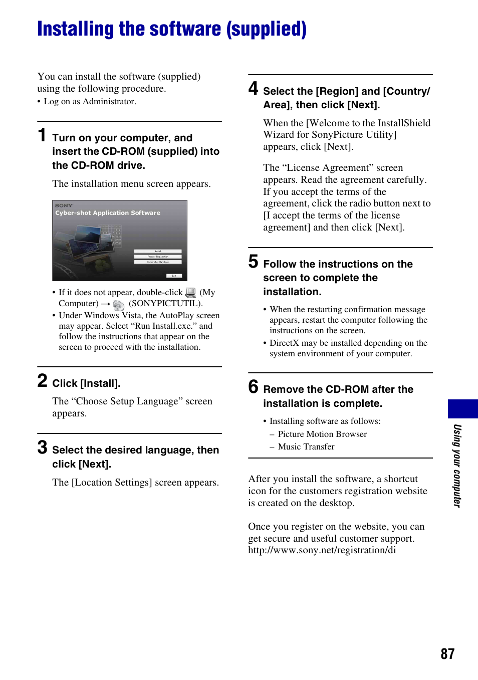 Installing the software (supplied) | Sony DSC-T200 User Manual | Page 87 / 131