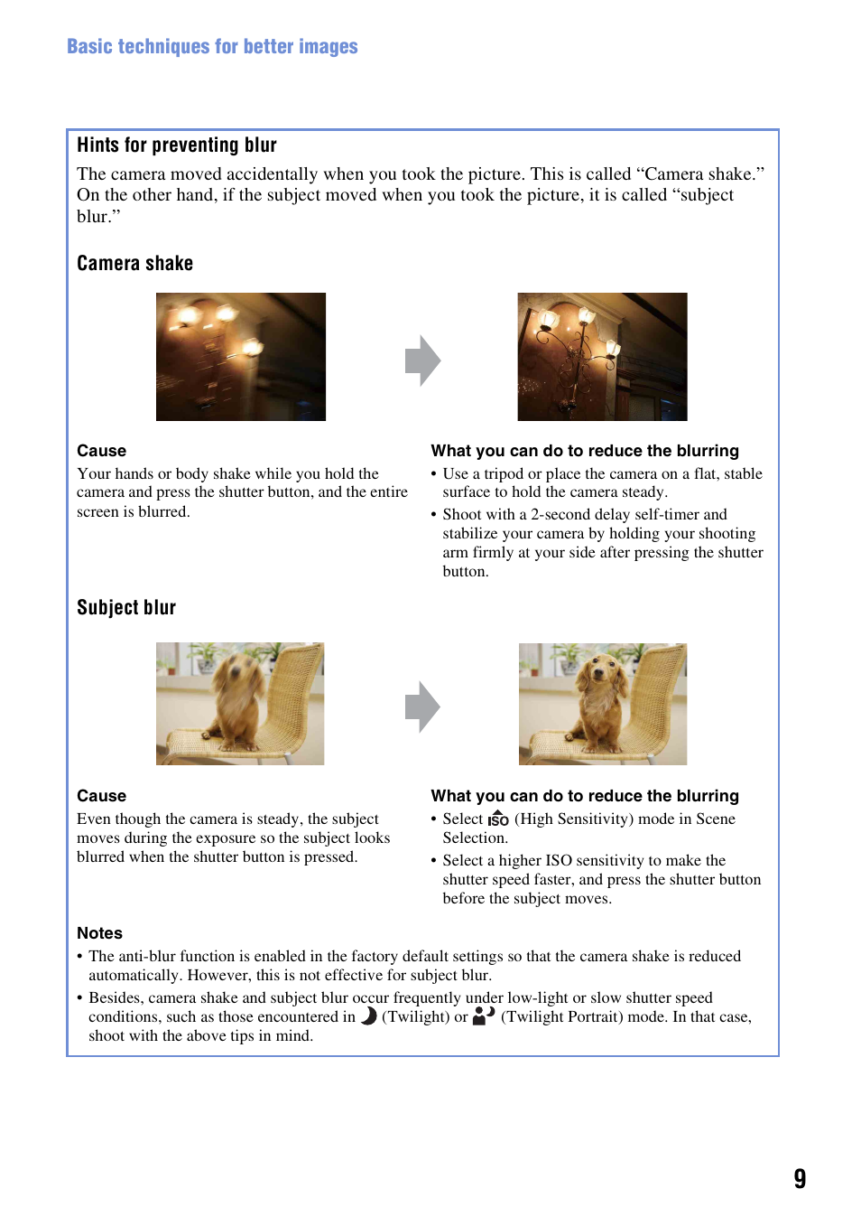 Hints for preventing blur | Sony DSC-T200 User Manual | Page 9 / 131