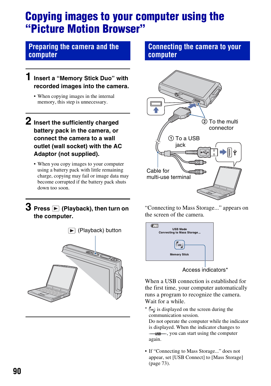 90 a, Preparing the camera and the computer, Connecting the camera to your computer | Sony DSC-T200 User Manual | Page 90 / 131