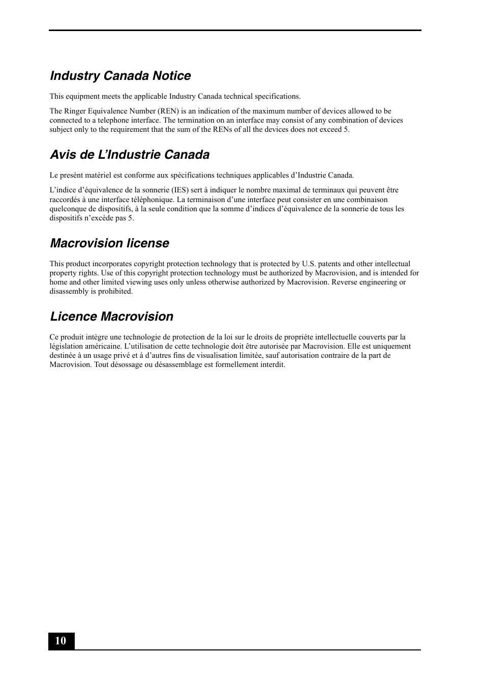 Industry canada notice, Avis de l’industrie canada, Macrovision license | Licence macrovision | Sony PCV-RZ50C User Manual | Page 10 / 92