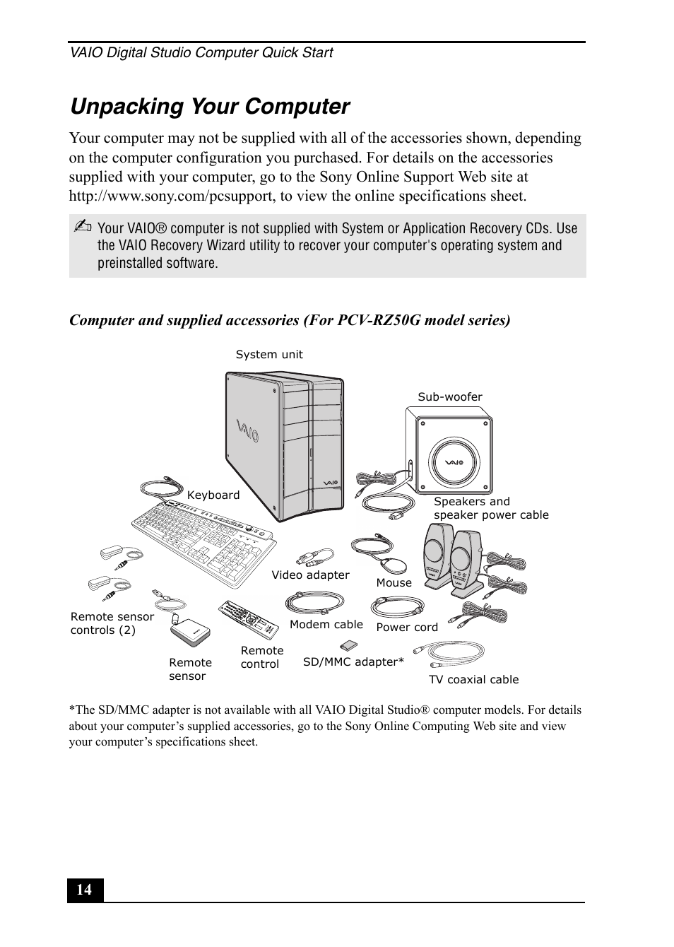 Unpacking your computer | Sony PCV-RZ50C User Manual | Page 14 / 92