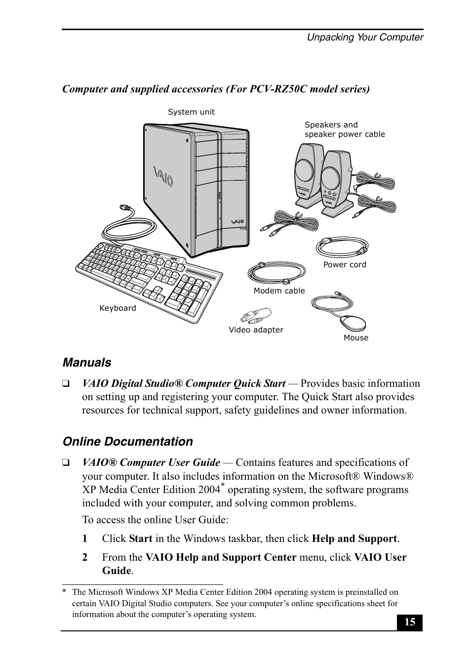 Manuals, Online documentation | Sony PCV-RZ50C User Manual | Page 15 / 92