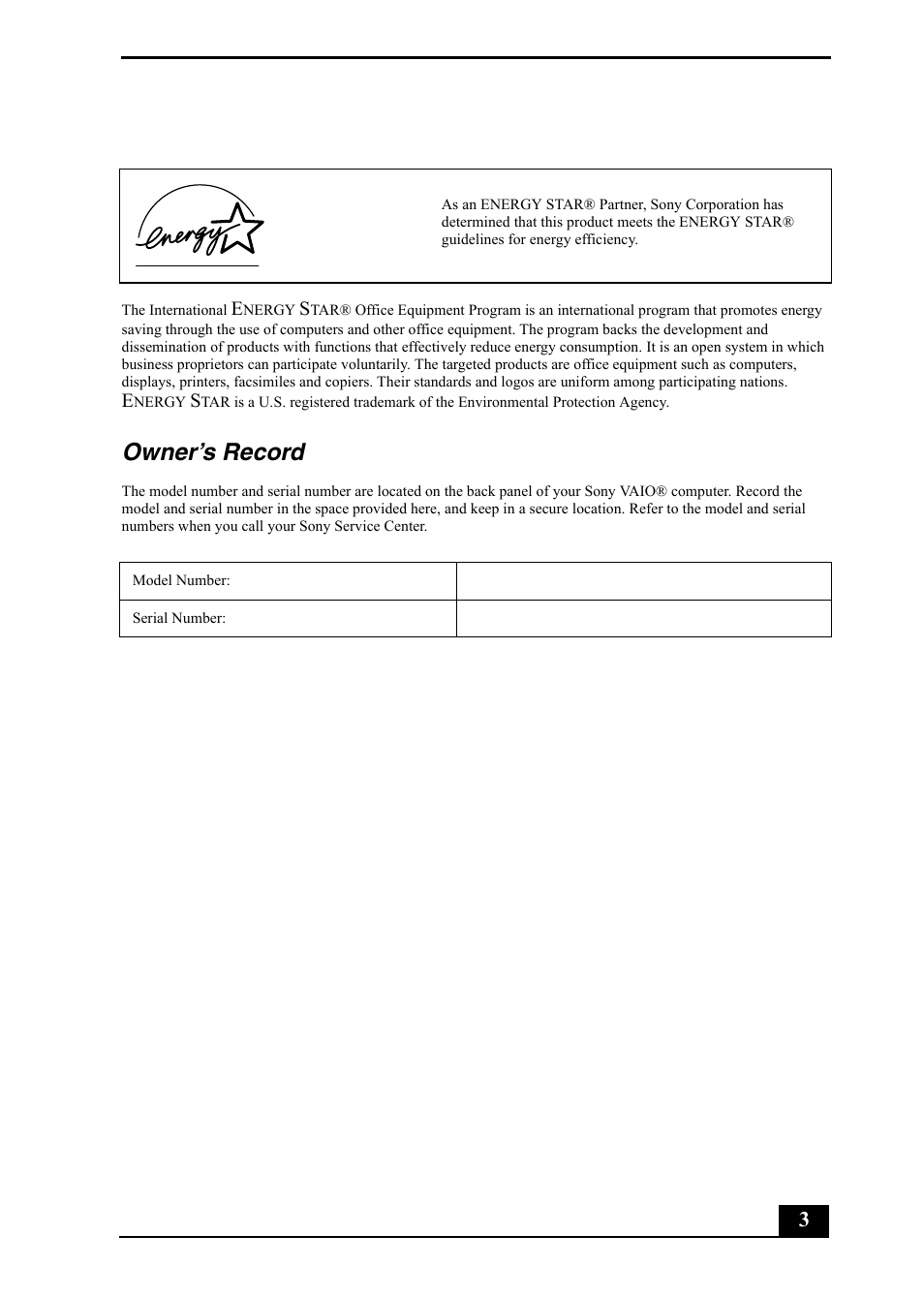 Owner’s record | Sony PCV-RZ50C User Manual | Page 3 / 92