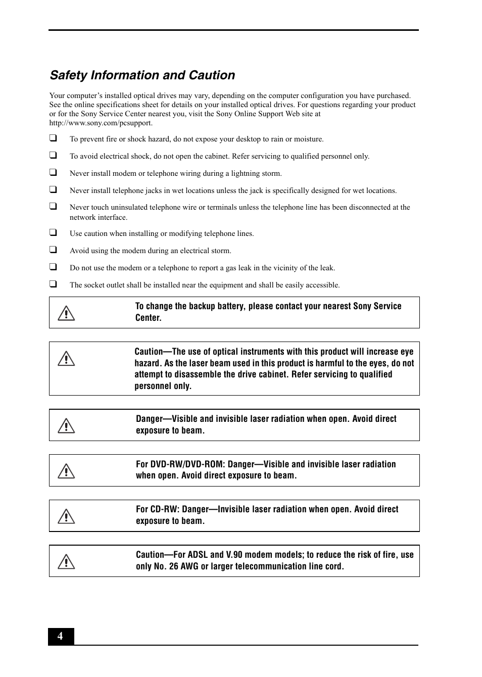 Safety information and caution | Sony PCV-RZ50C User Manual | Page 4 / 92