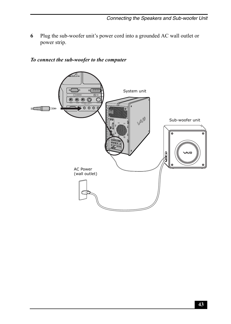 Connecting the speakers and sub-woofer unit | Sony PCV-RZ50C User Manual | Page 43 / 92