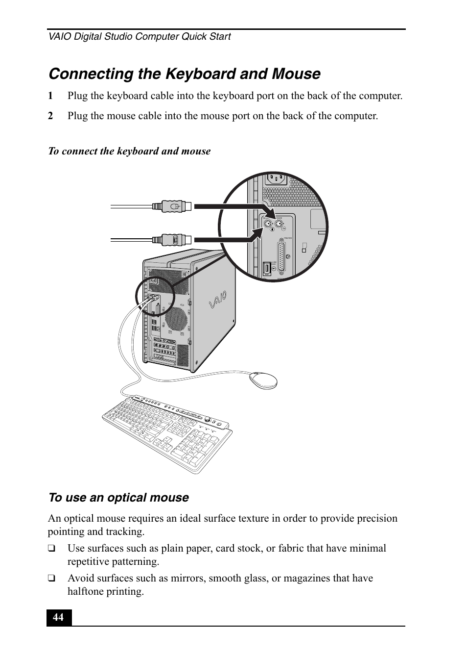 Connecting the keyboard and mouse | Sony PCV-RZ50C User Manual | Page 44 / 92