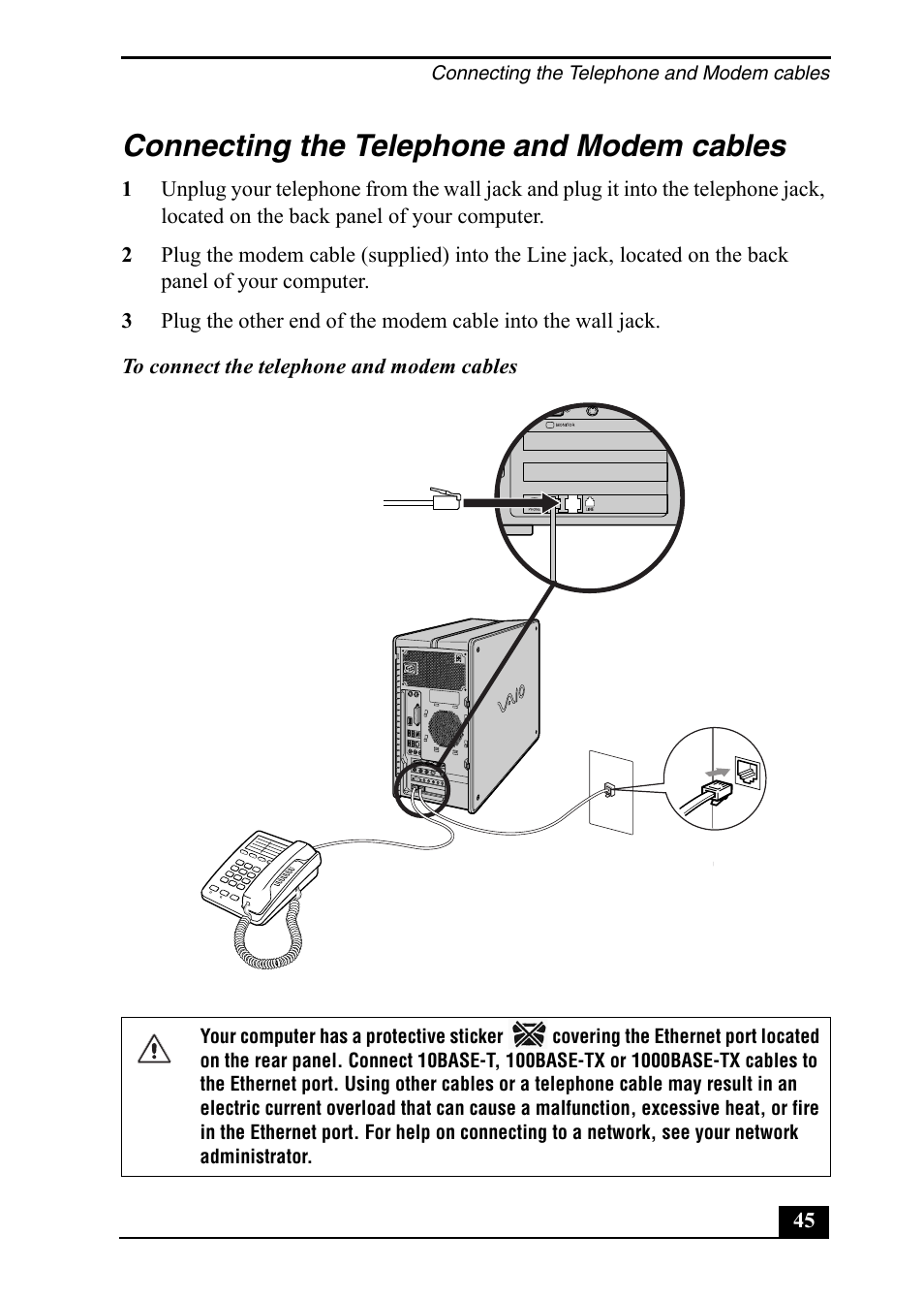 Connecting the telephone and modem cables | Sony PCV-RZ50C User Manual | Page 45 / 92