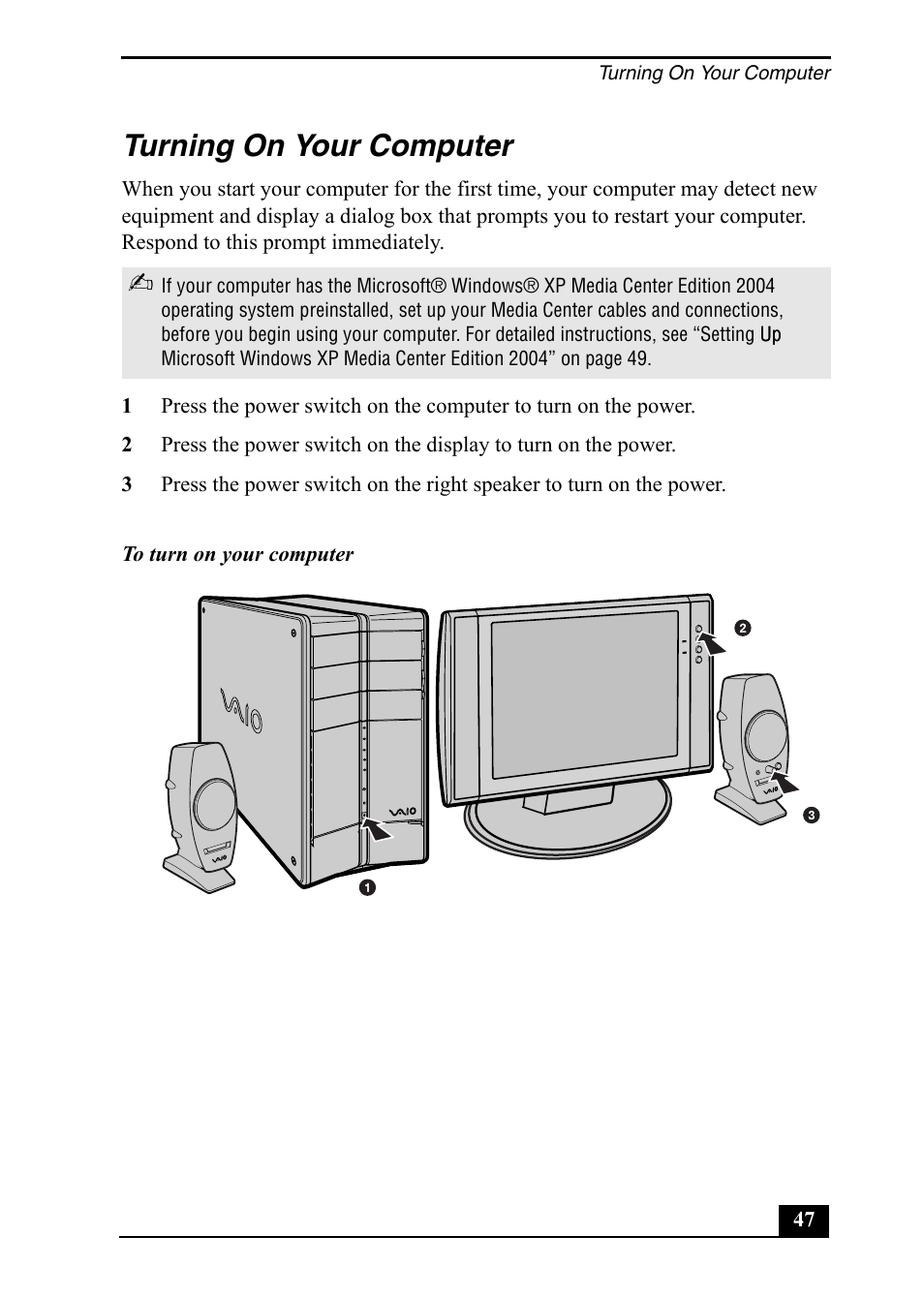 Turning on your computer | Sony PCV-RZ50C User Manual | Page 47 / 92