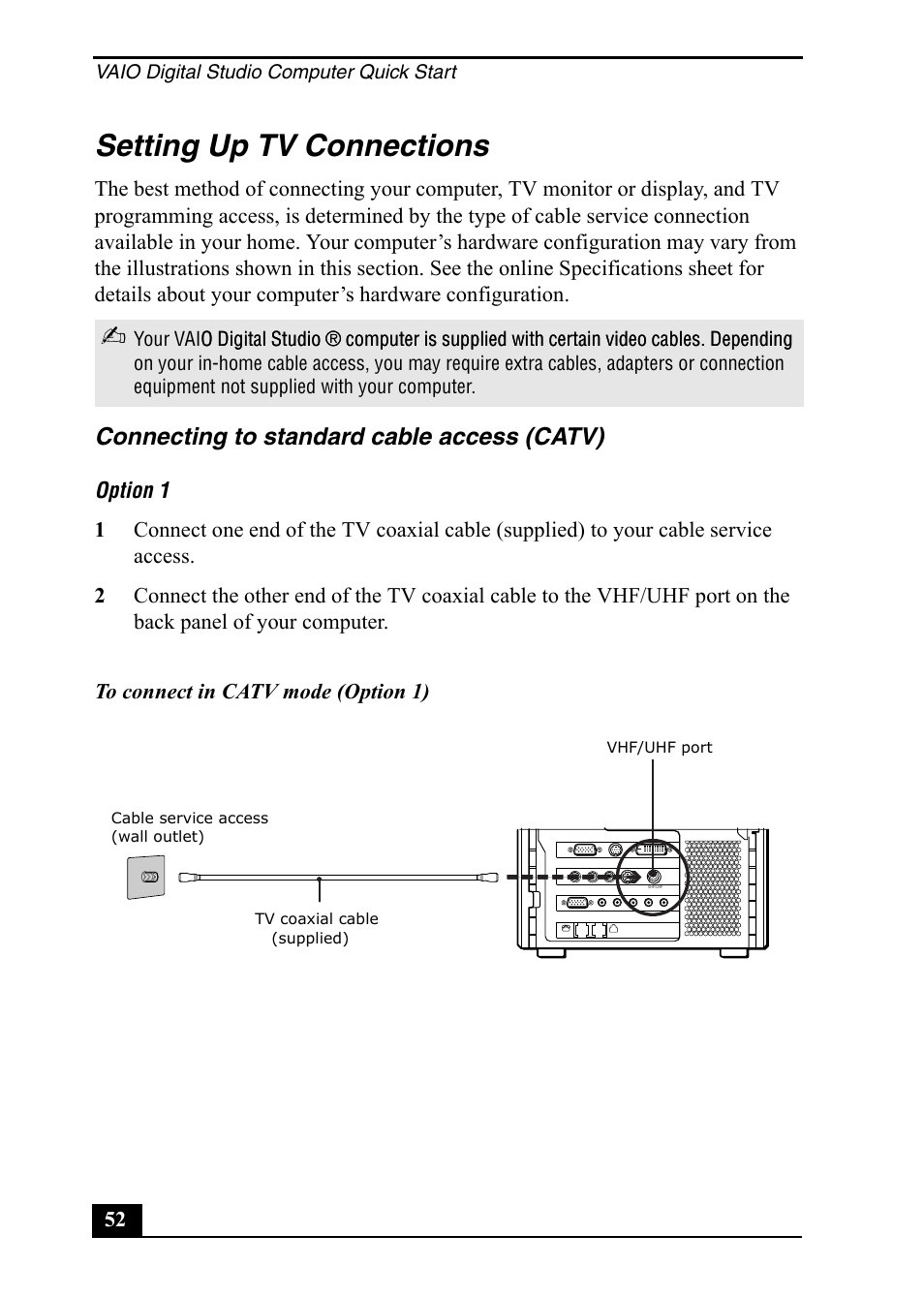 Setting up tv connections, Connecting to standard cable access (catv) | Sony PCV-RZ50C User Manual | Page 52 / 92