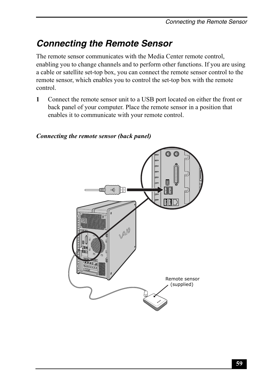 Connecting the remote sensor | Sony PCV-RZ50C User Manual | Page 59 / 92