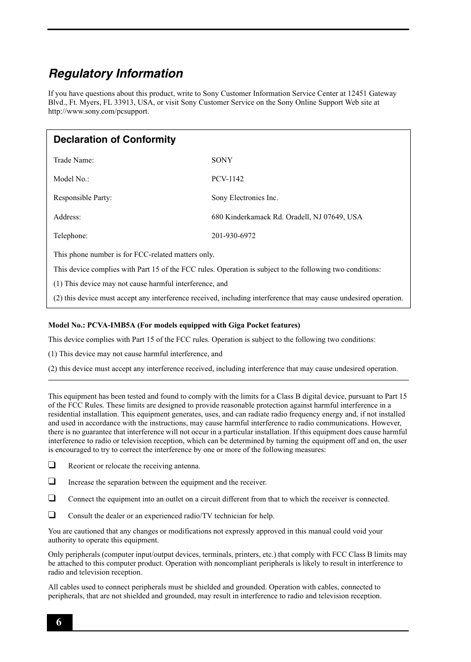 Regulatory information, Declaration of conformity | Sony PCV-RZ50C User Manual | Page 6 / 92