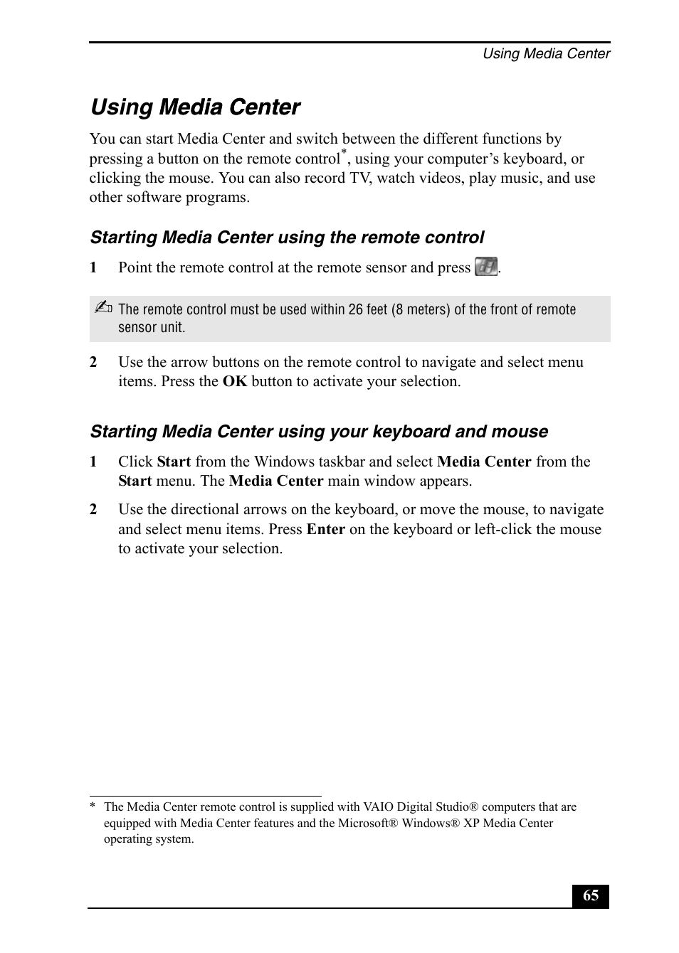 Using media center media center | Sony PCV-RZ50C User Manual | Page 65 / 92