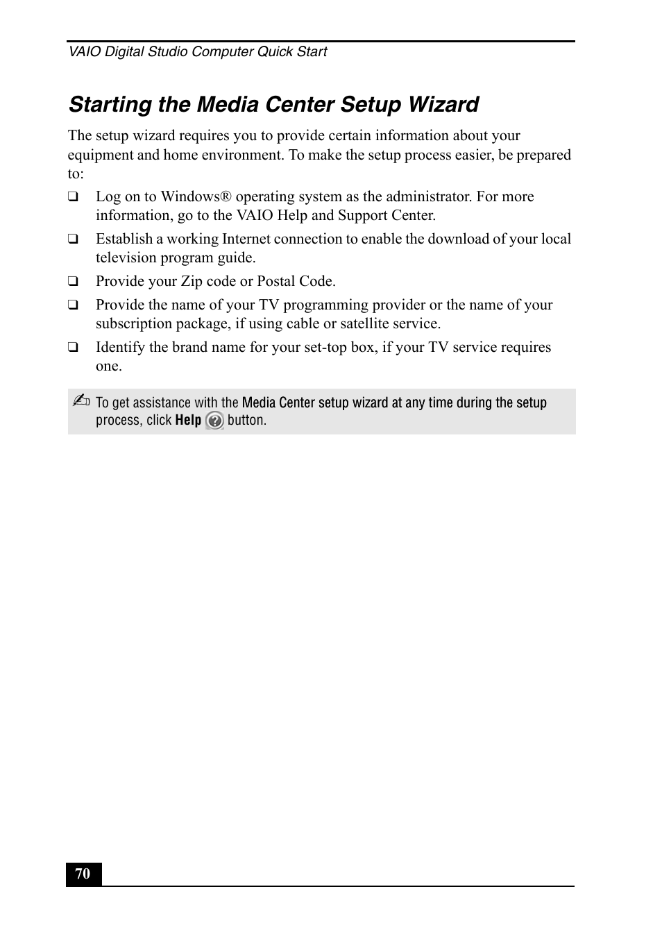 Starting the media center setup wizard | Sony PCV-RZ50C User Manual | Page 70 / 92