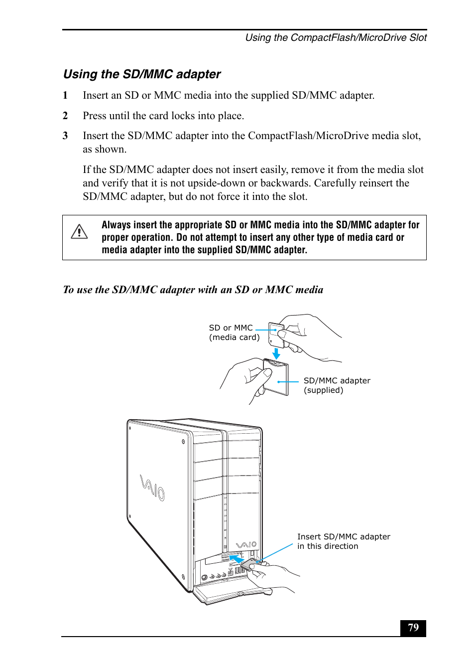 Using the sd/mmc adapter | Sony PCV-RZ50C User Manual | Page 79 / 92