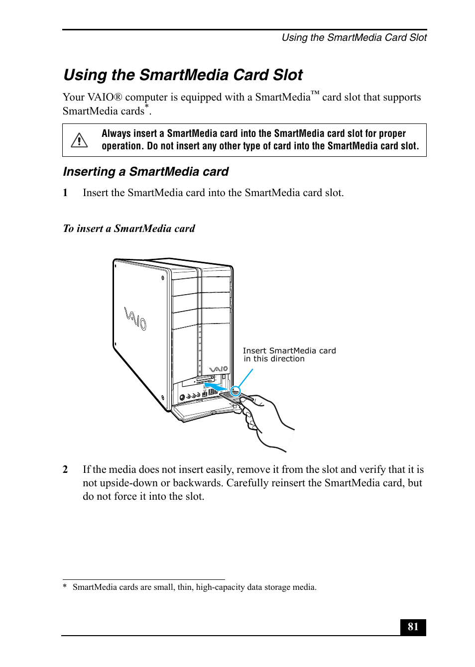 Using the smartmedia card slot | Sony PCV-RZ50C User Manual | Page 81 / 92