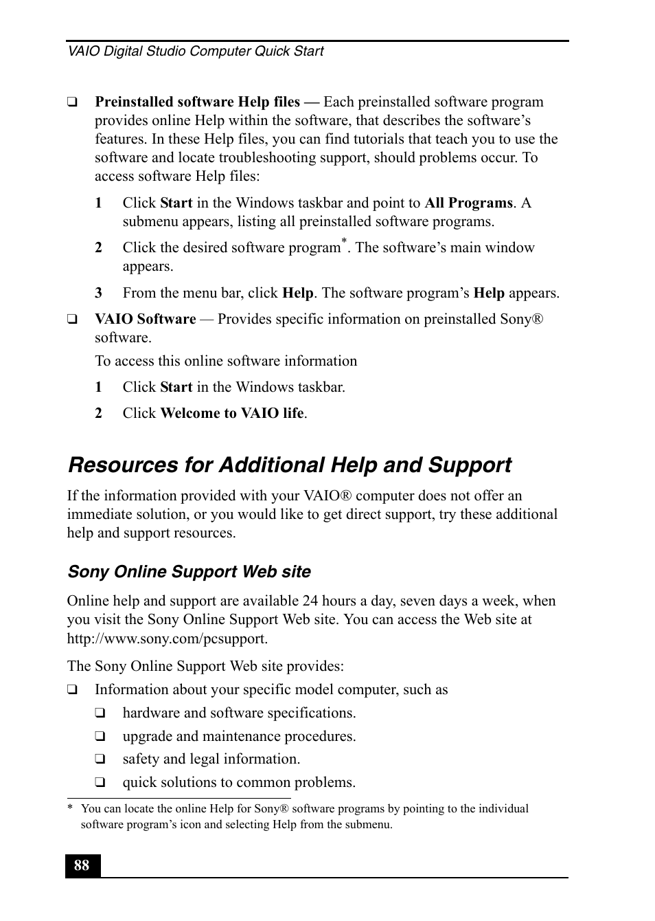 Resources for additional help and support | Sony PCV-RZ50C User Manual | Page 88 / 92