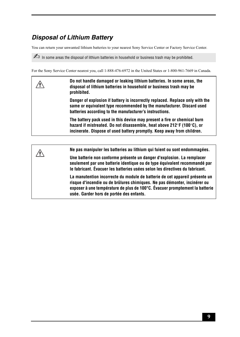 Disposal of lithium battery y | Sony PCV-RZ50C User Manual | Page 9 / 92