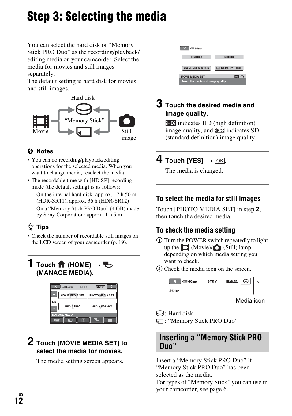 Step 3: selecting the media | Sony HDR-SR11 User Manual | Page 12 / 72