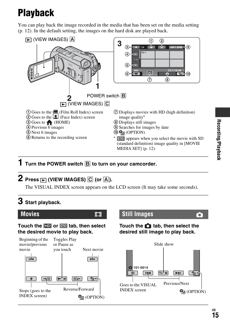 Playback, Movies, Still images | Sony HDR-SR11 User Manual | Page 15 / 72