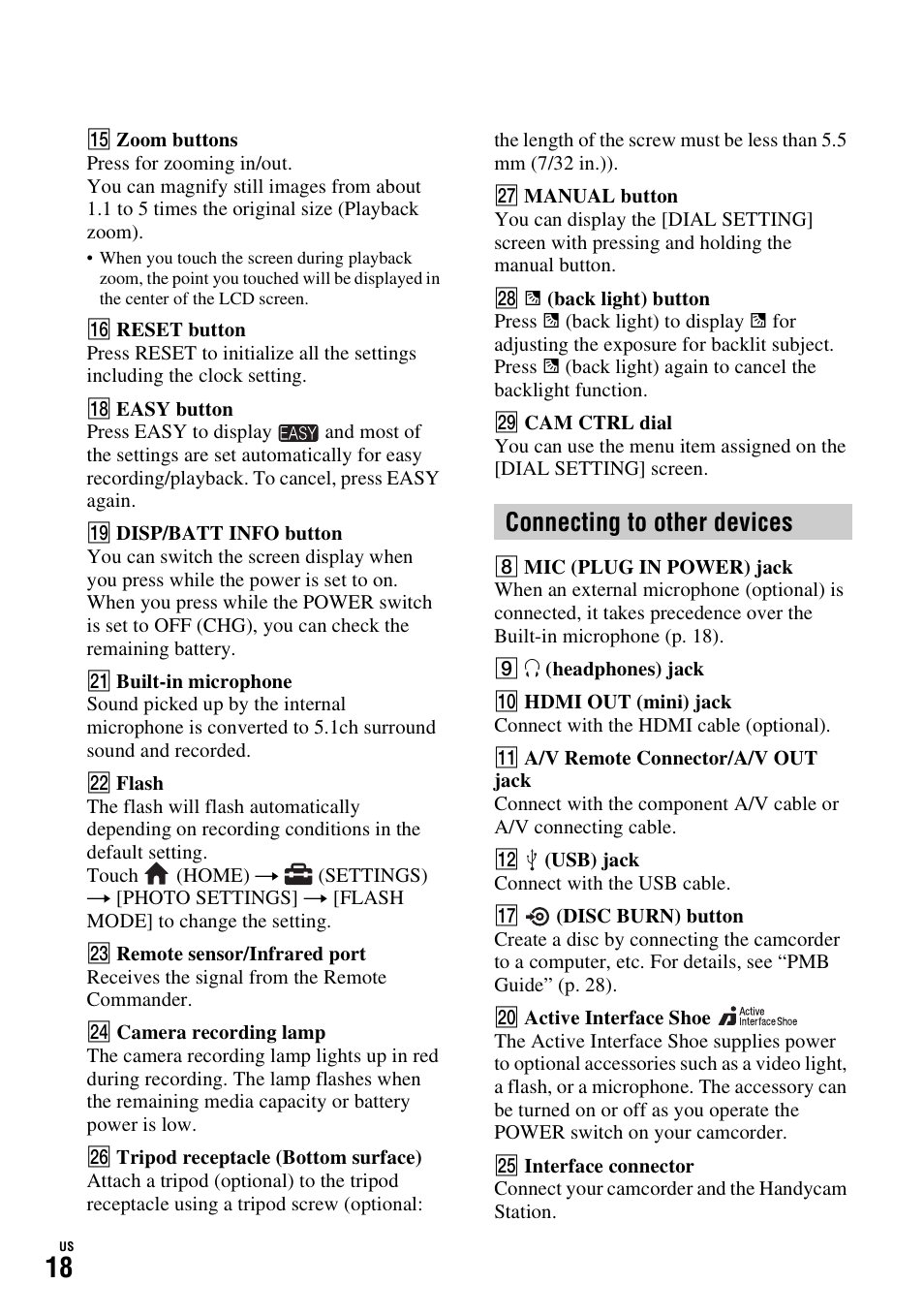 Connecting to other devices | Sony HDR-SR11 User Manual | Page 18 / 72
