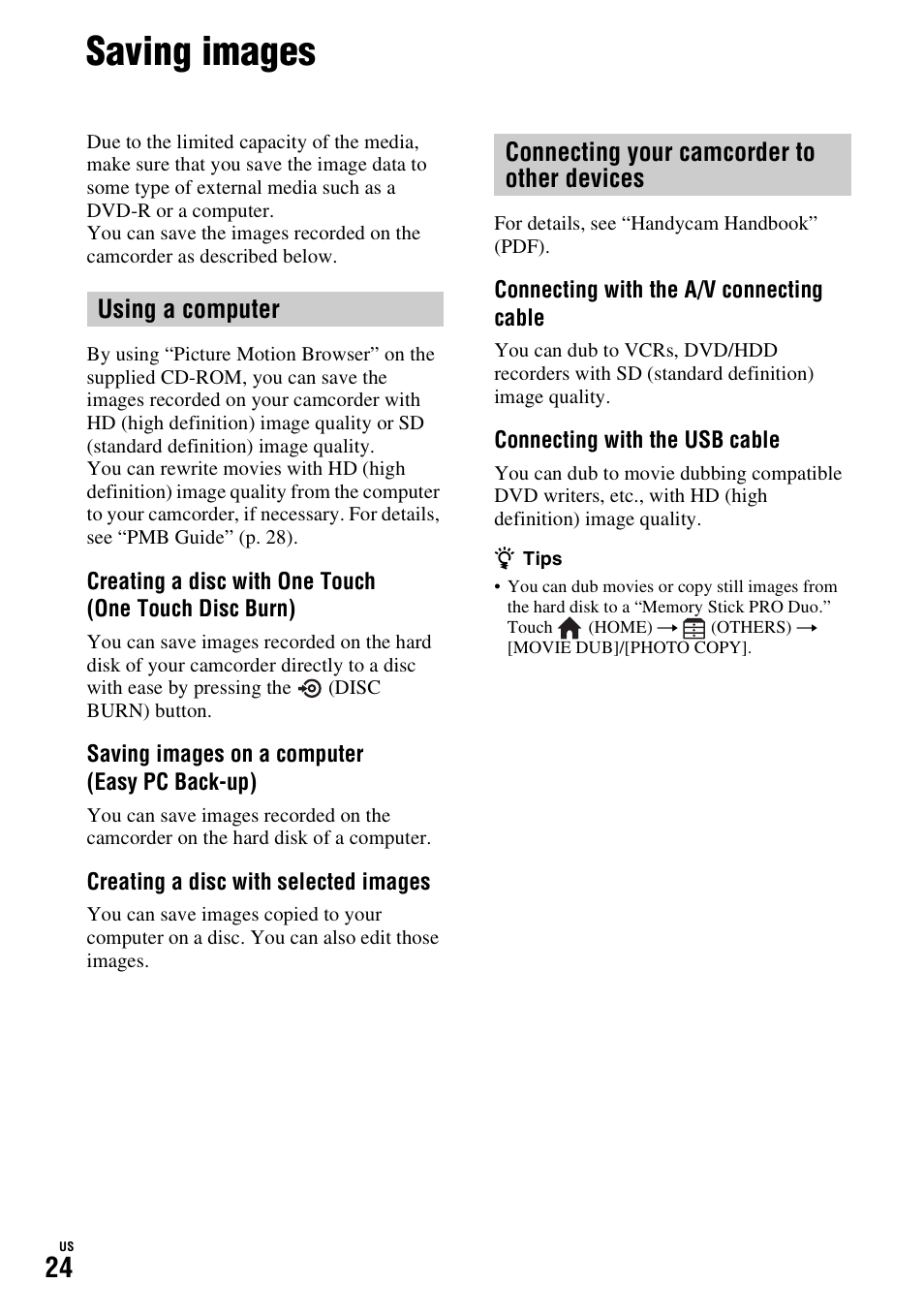 Saving images, Using a computer, Connecting your camcorder to other devices | Sony HDR-SR11 User Manual | Page 24 / 72
