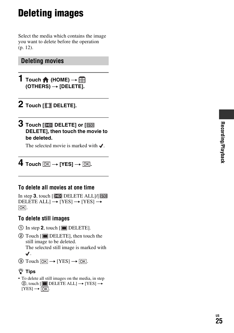 Deleting images, Deleting movies | Sony HDR-SR11 User Manual | Page 25 / 72