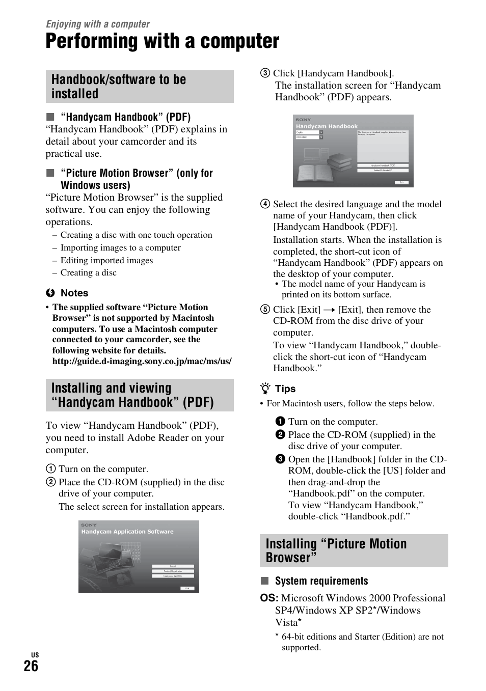 Enjoying with a computer, Performing with a computer, Installing and viewing “handycam handbook” (pdf) | Installing “picture motion browser, P. 26), Installing and viewing “handycam, Handbook” (pdf) | Sony HDR-SR11 User Manual | Page 26 / 72