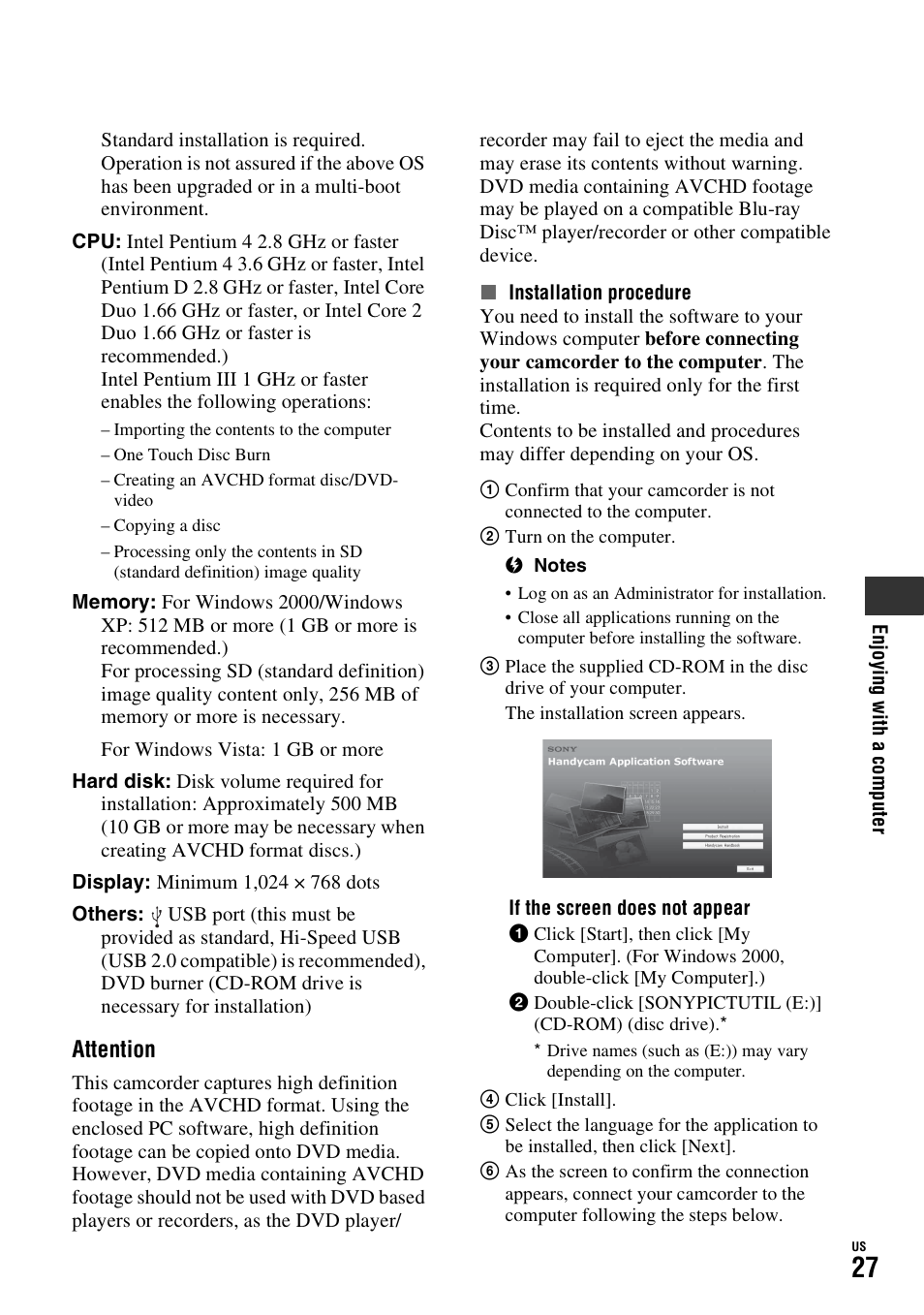 Attention | Sony HDR-SR11 User Manual | Page 27 / 72
