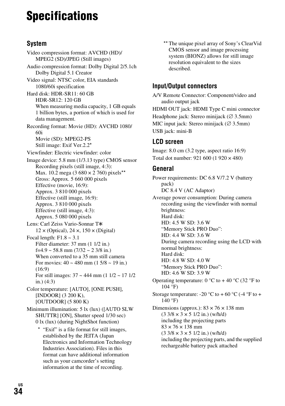 Specifications | Sony HDR-SR11 User Manual | Page 34 / 72