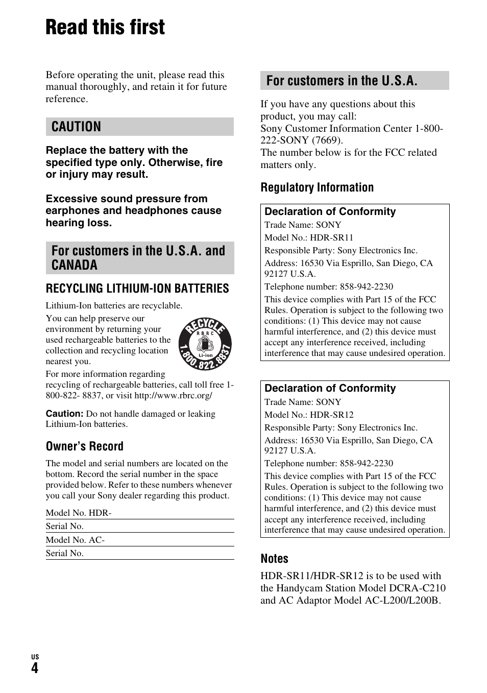 Read this first, Caution for customers in the u.s.a. and canada, For customers in the u.s.a | Sony HDR-SR11 User Manual | Page 4 / 72