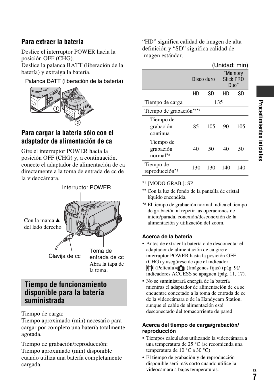 Para extraer la batería | Sony HDR-SR11 User Manual | Page 41 / 72