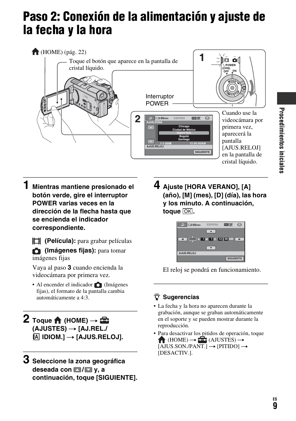 Paso 2: conexión de la alimentación, Y ajuste de la fecha y la hora | Sony HDR-SR11 User Manual | Page 43 / 72
