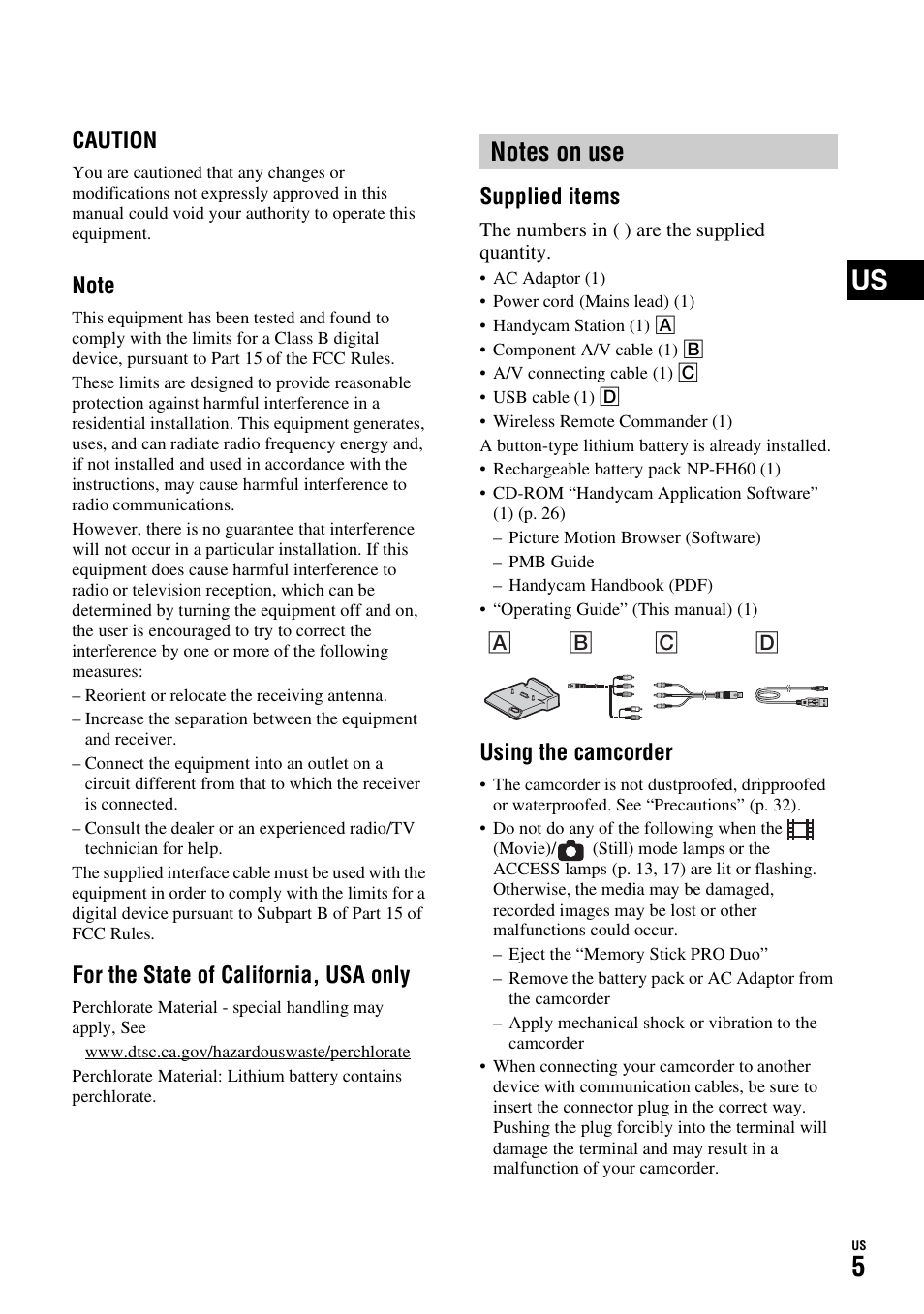 Caution, For the state of california, usa only, Supplied items | Using the camcorder | Sony HDR-SR11 User Manual | Page 5 / 72