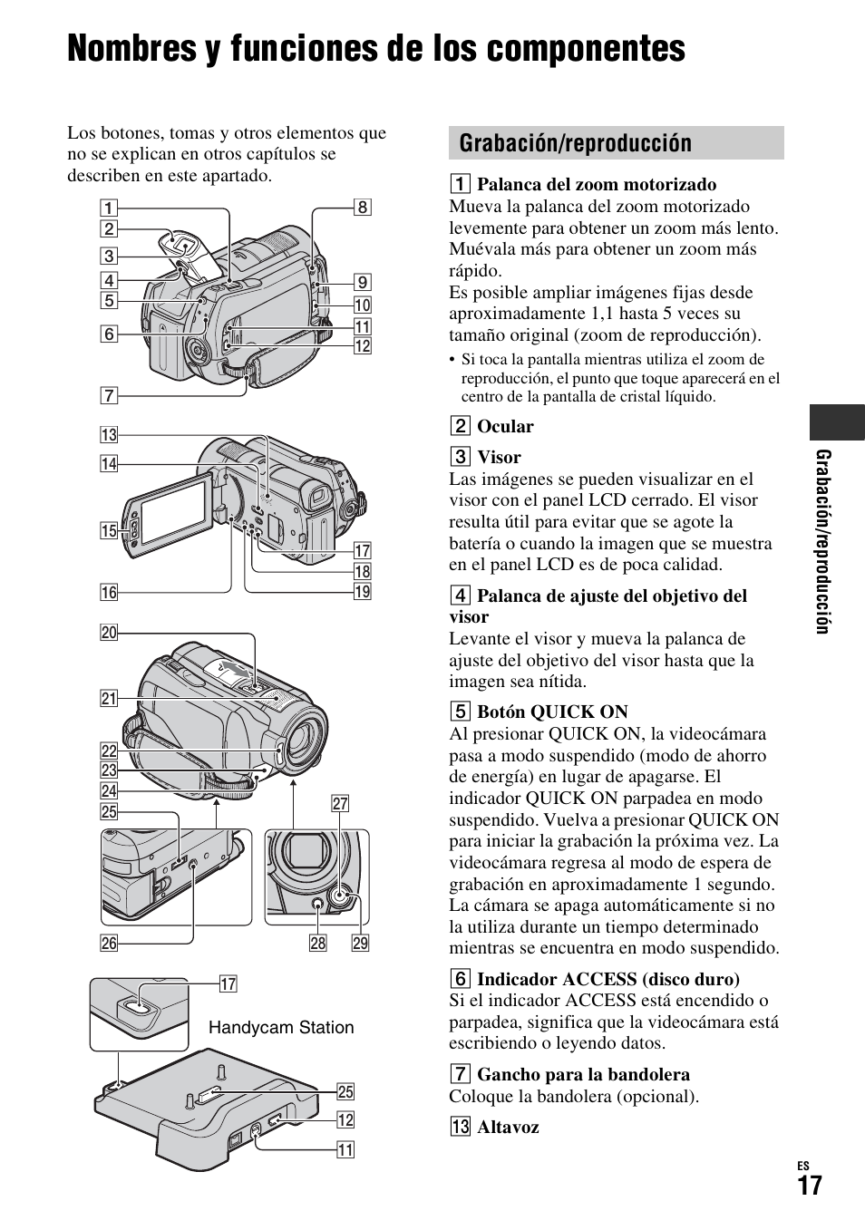 Nombres y funciones de los componentes, Nombres y funciones de los, Componentes | Grabación/reproducción | Sony HDR-SR11 User Manual | Page 51 / 72