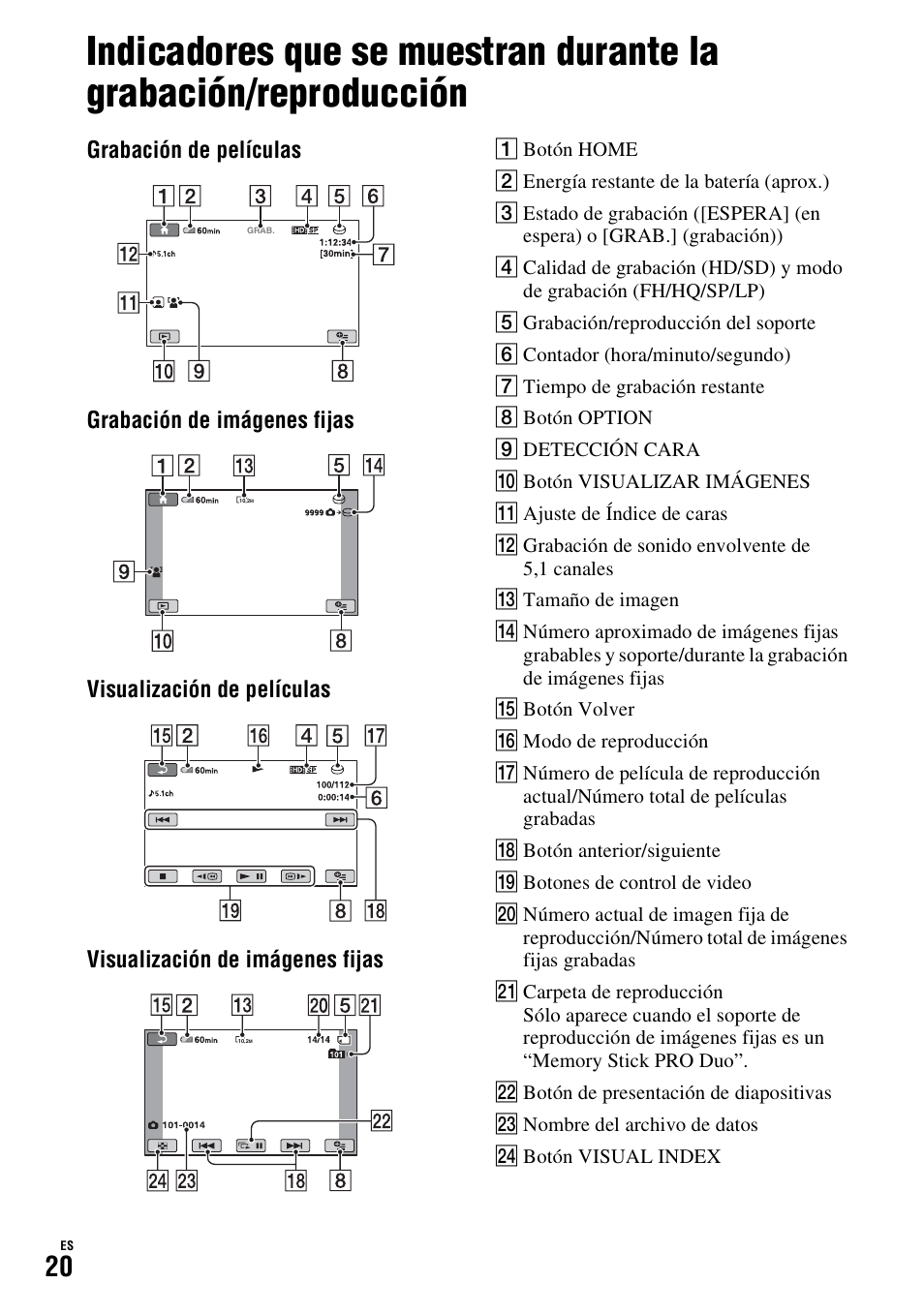 Indicadores que se muestran durante, La grabación/reproducción | Sony HDR-SR11 User Manual | Page 54 / 72