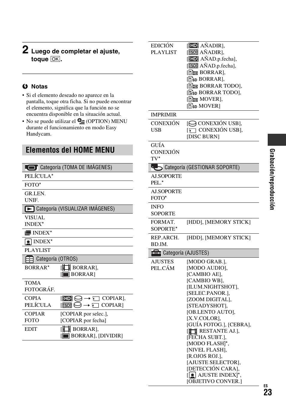 Elementos del home menu | Sony HDR-SR11 User Manual | Page 57 / 72